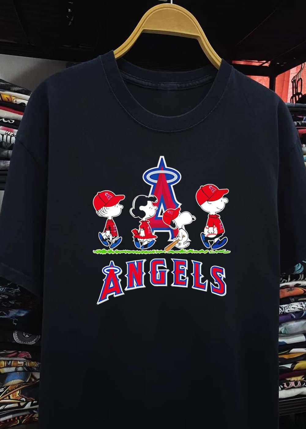 Peanuts Gang Walking with Baseball Gear Los Angeles Angels shirt