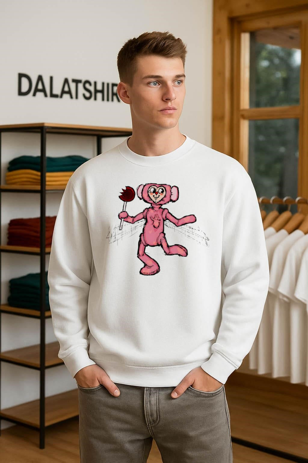 Pink heart face character holding a bitten red lollipop shirt