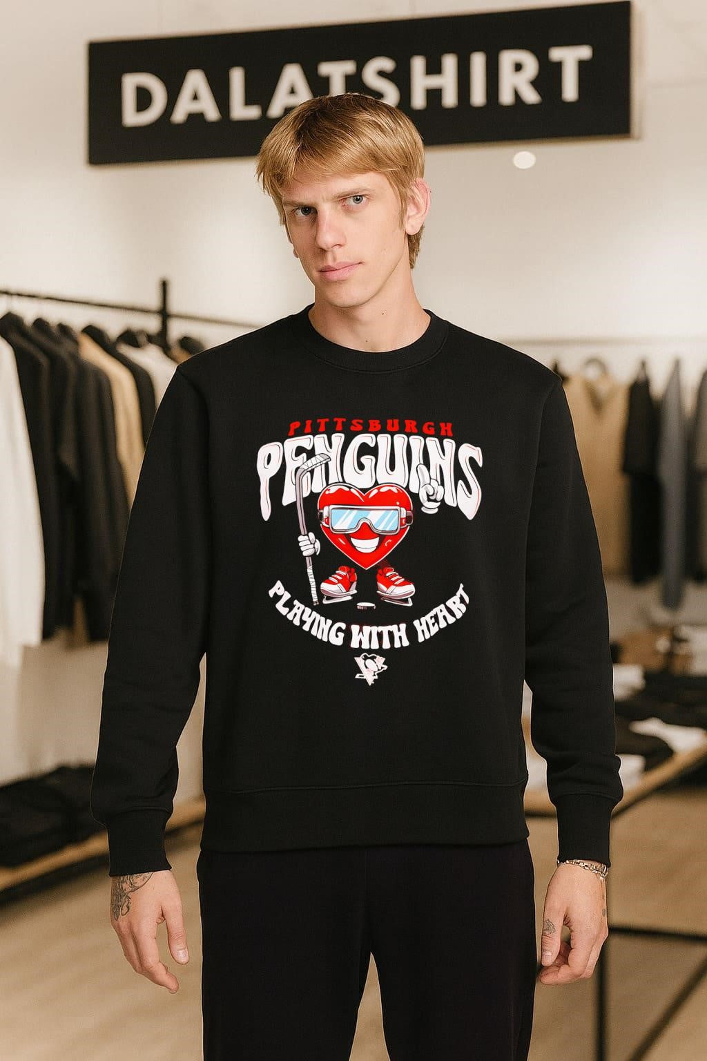 Pittsburgh Penguins Playing with Heart mascot with hockey stick shirt