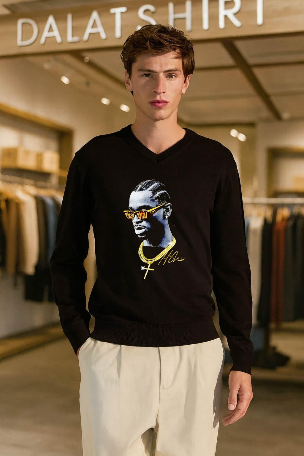 Pop Smoke Shai Gold Chain Diamond Cross Signature shirt