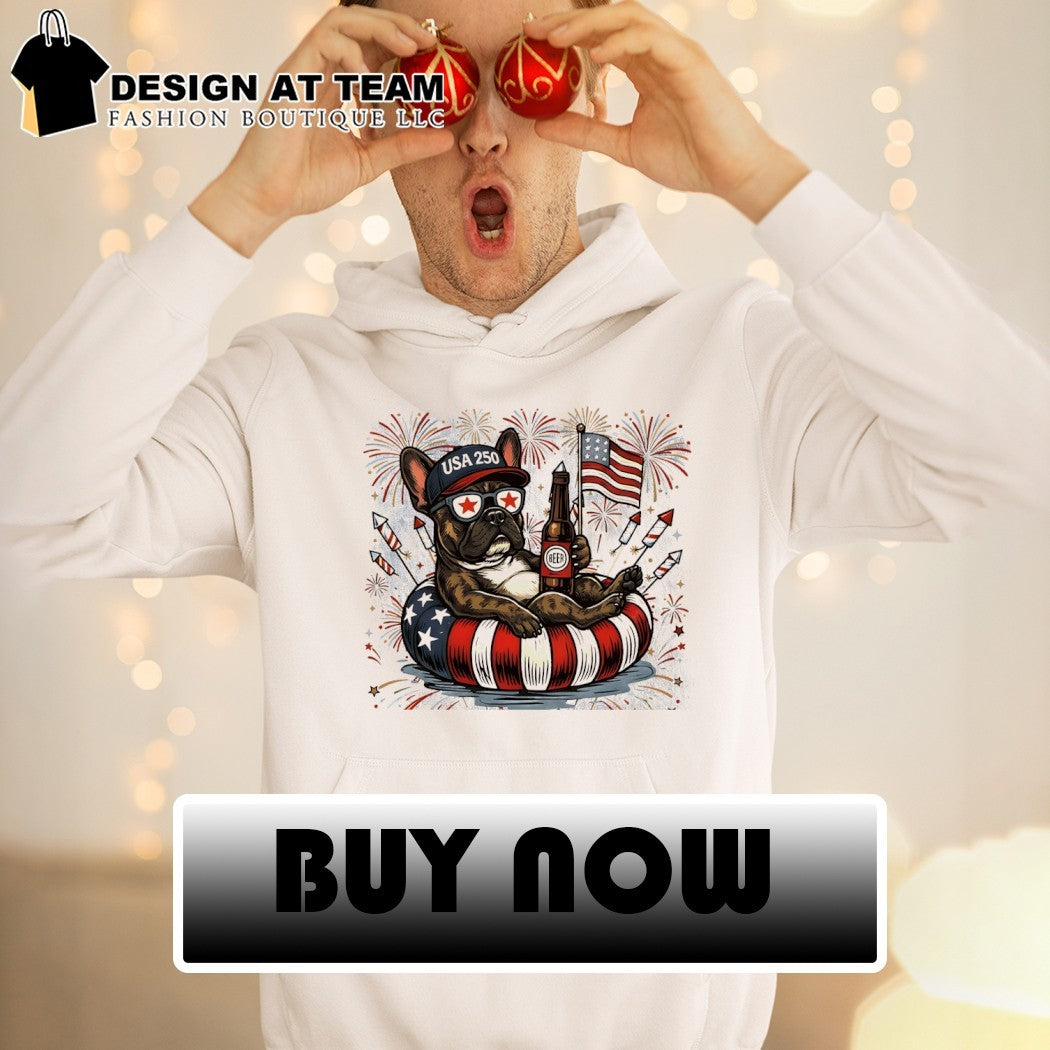 Pug dog holding beer USA 250 firework American flag 4th of July shirt