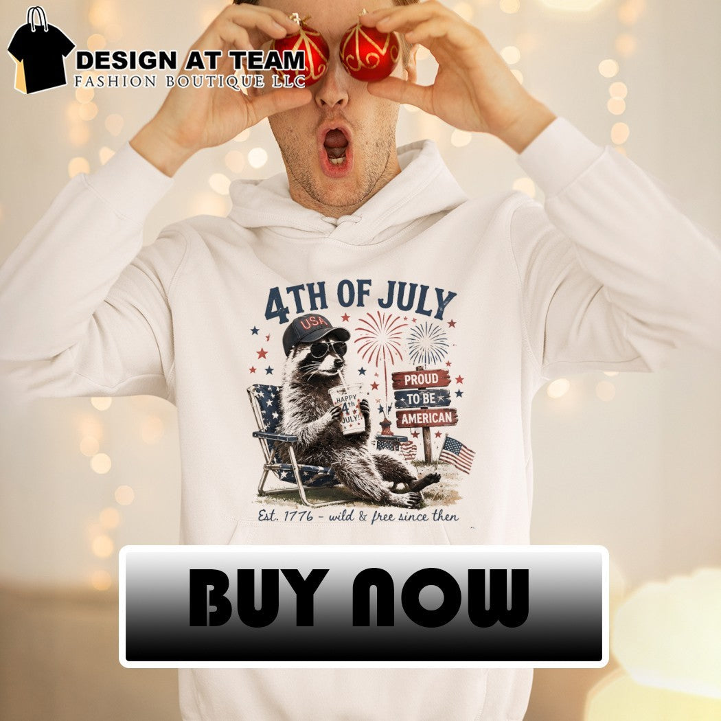 Raccoon in USA hat sunglasses drinking from cup 4th of July proud to be American shirt