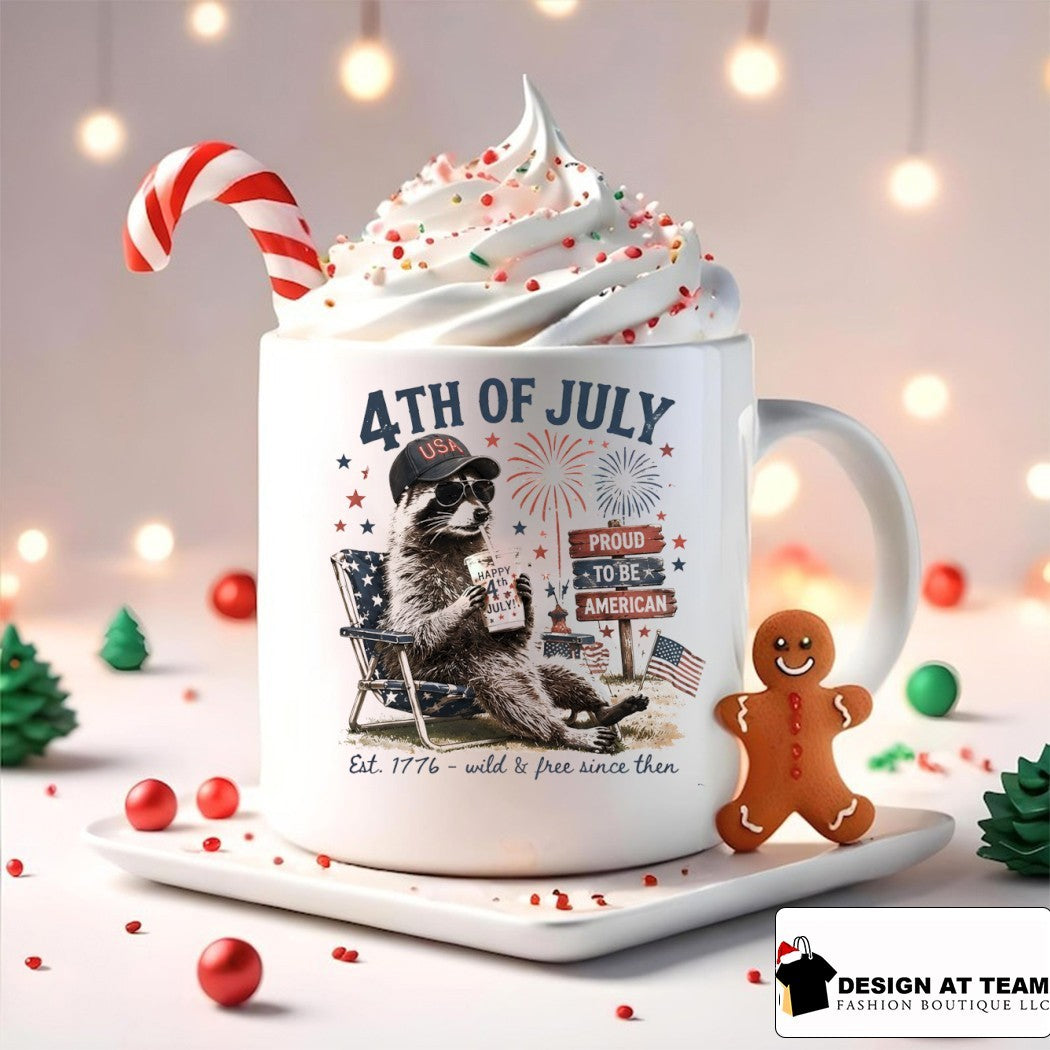 Raccoon in USA hat sunglasses drinking from cup 4th of July proud to be American shirt