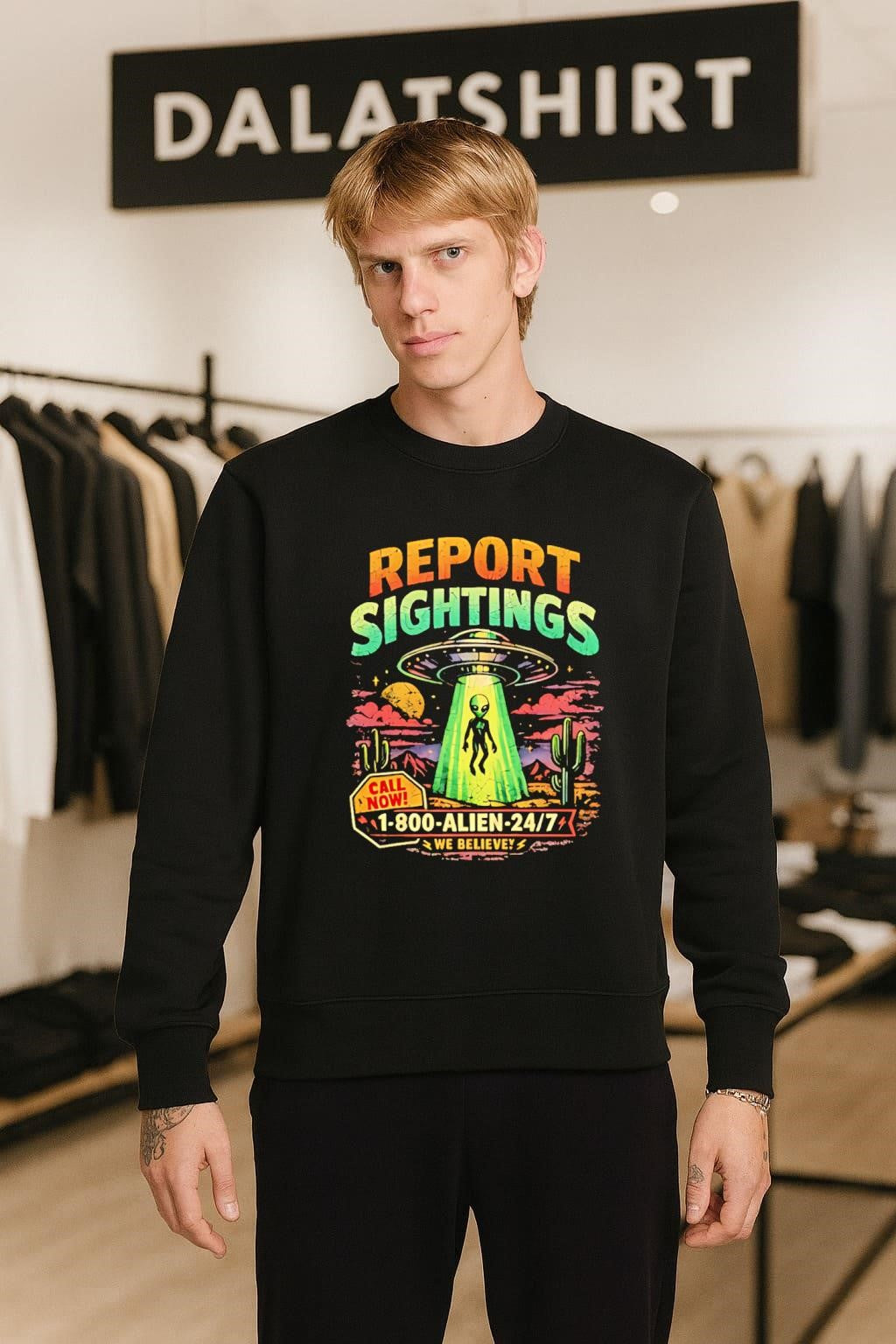 Report Sightings 1-800-ALIEN-247 UFO and alien desert shirt