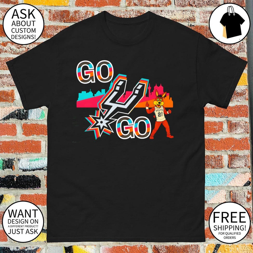 San Antonio Spurs Coyote basketball mascot illustration with Go Go team logo shirt