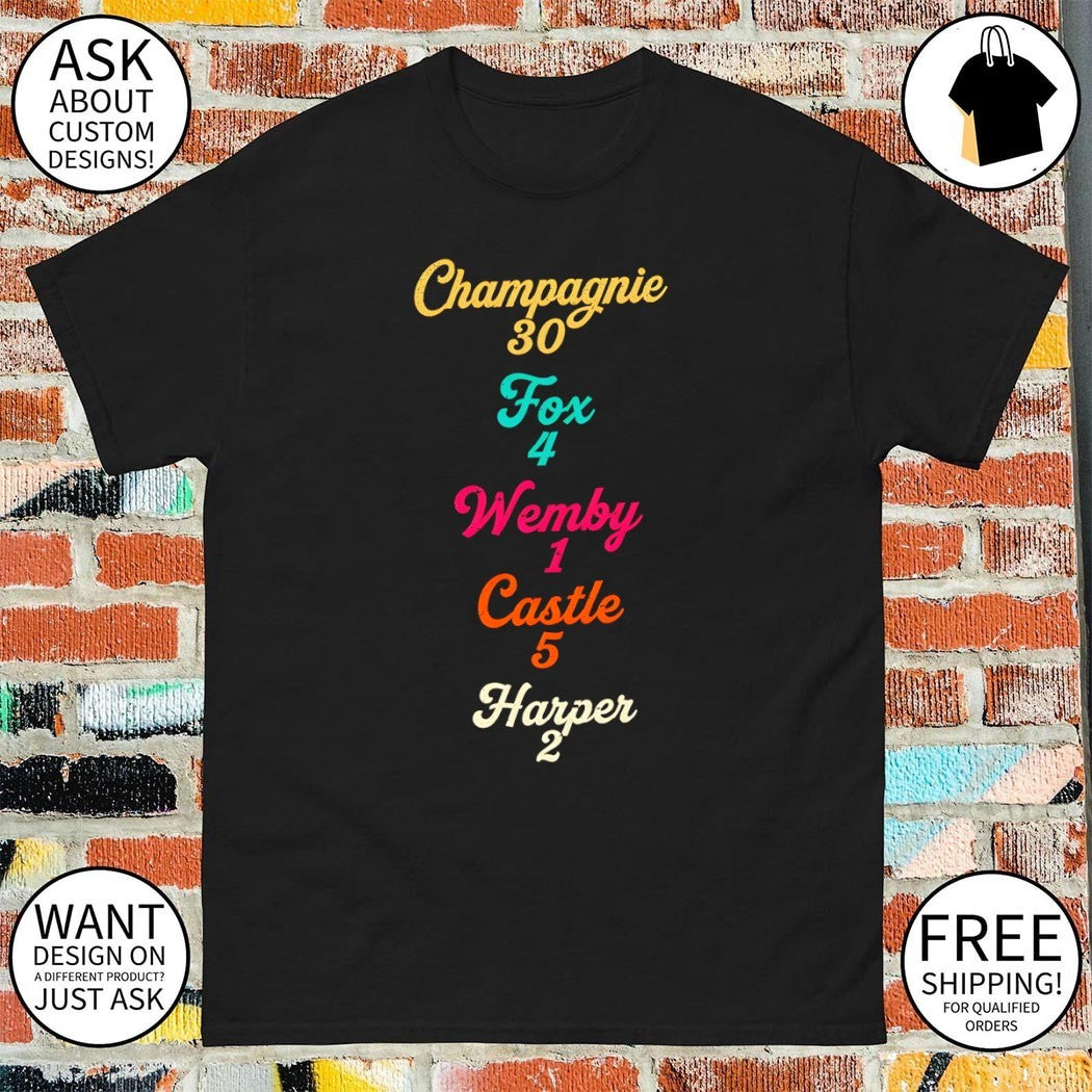 San Antonio Spurs basketball Champagnie 30 Fox 4 Wemby 1 Castle 5 Harper 2 shirt