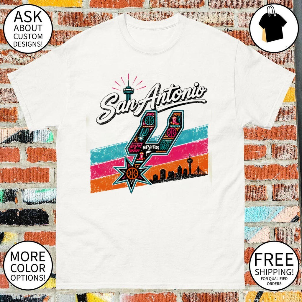 San Antonio Spurs basketball team apparel with city skyline vintage shirt