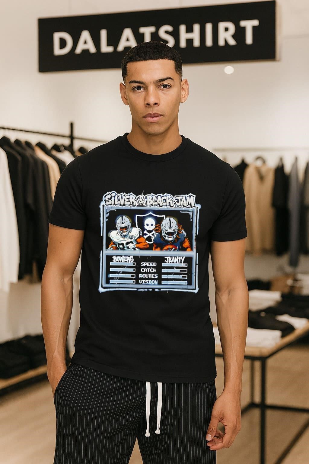 Silver & Black Jam Bowers Jeanty Raiders Skull shirt