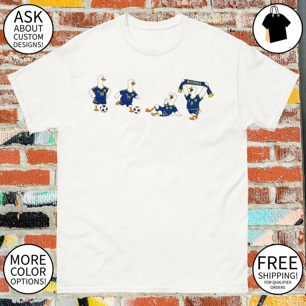 Soccer duck team Bosnia print apparel featuring jersey mascot cartoon sports shirt