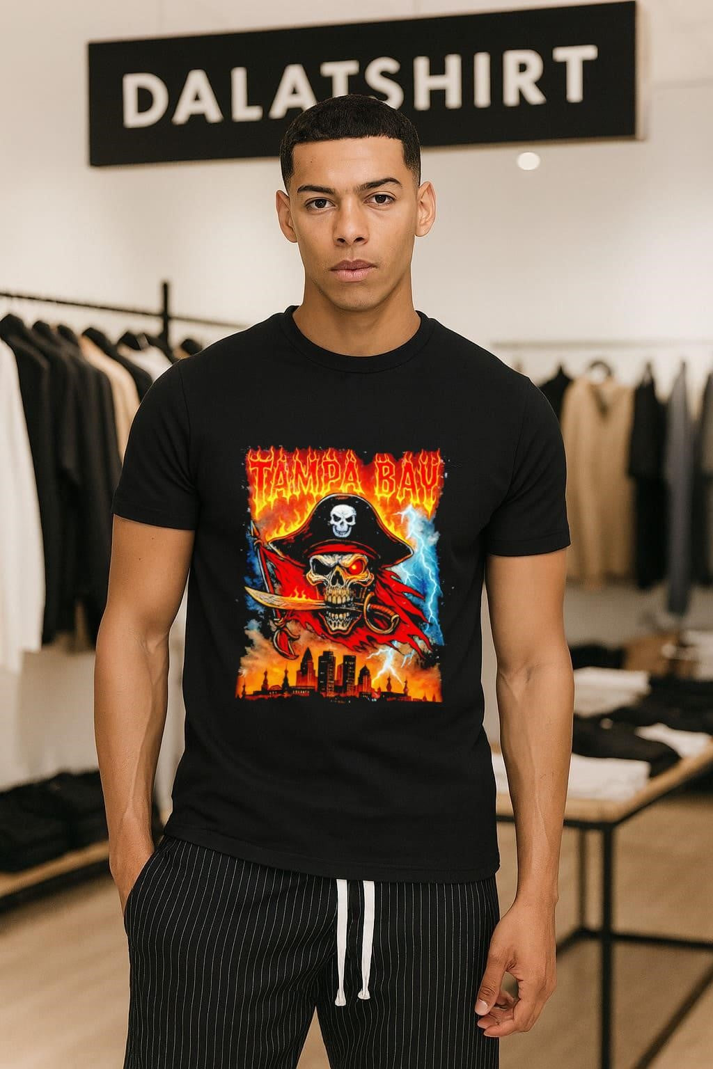 Tampa Bay Pirate Skull Sword Lightning City Skyline Graphic shirt