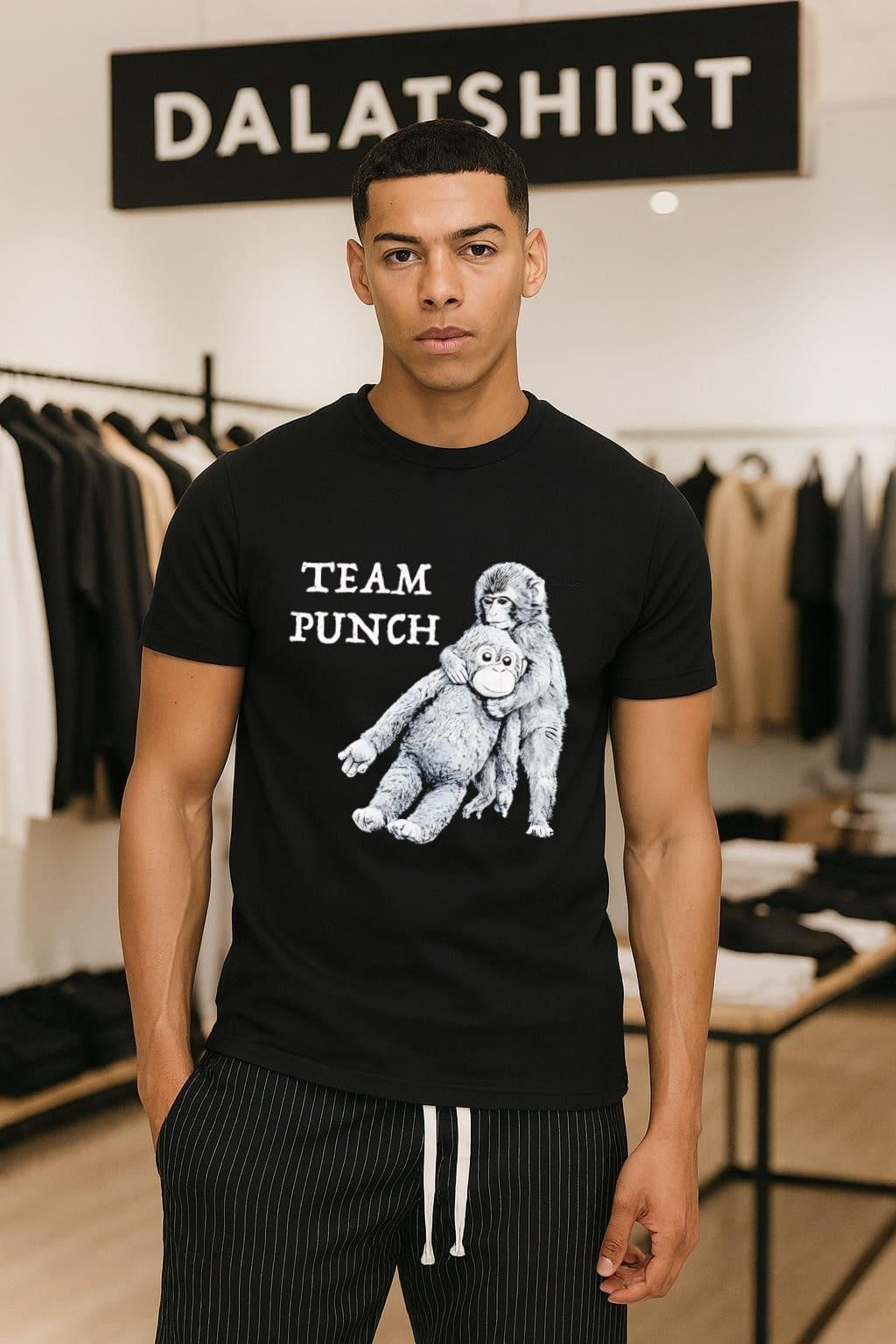 Team Punch monkey holding orange stuffed animal friend shirt