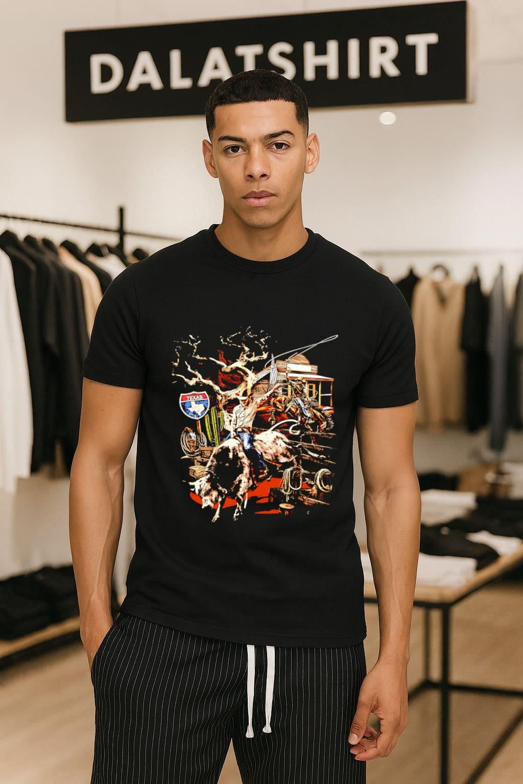 Texas Bull Riding Cowboy with Western Saloon Landscape shirt
