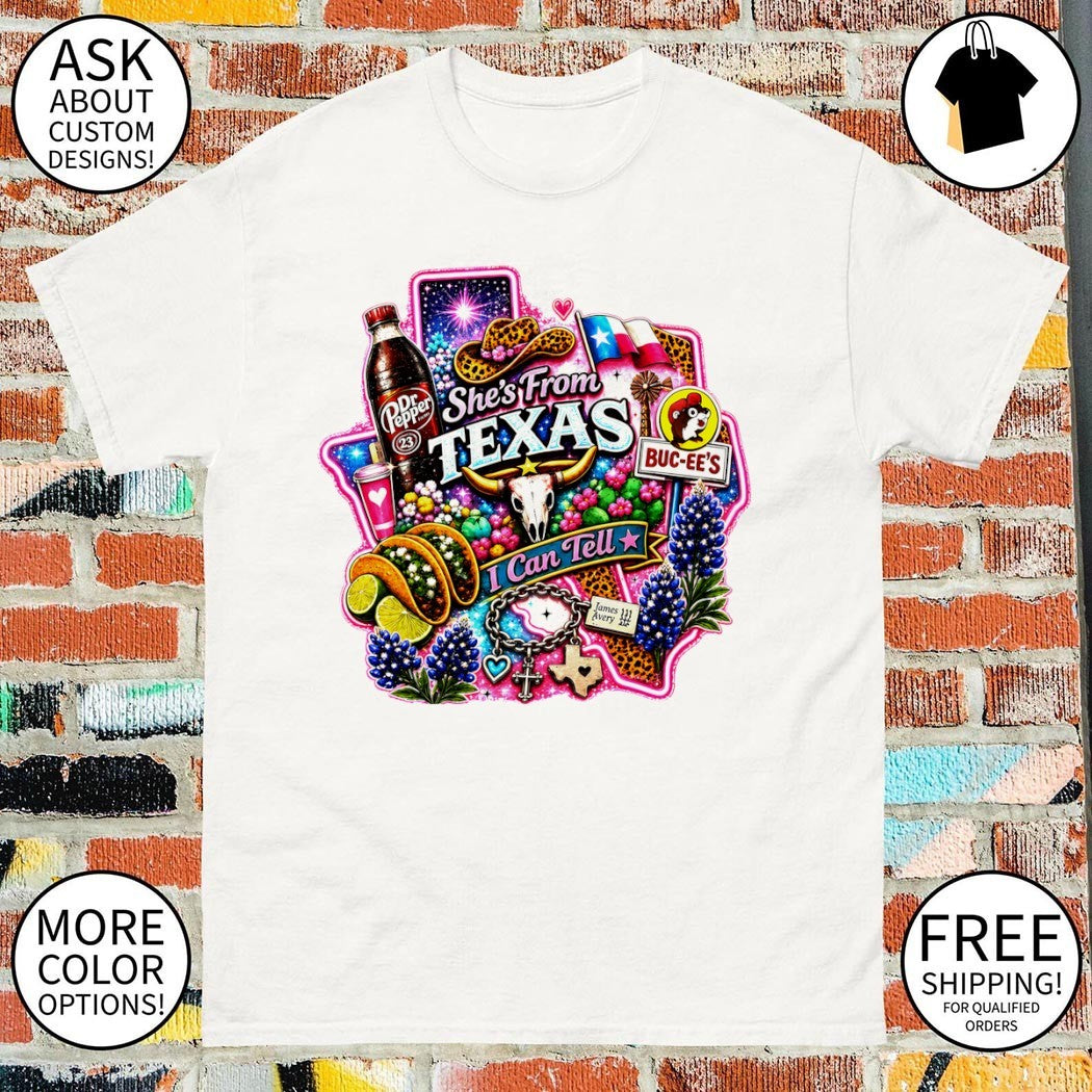 Texas Dr Pepper Buc-ee’s James Avery charms she’s from Texas I can tell text shirt