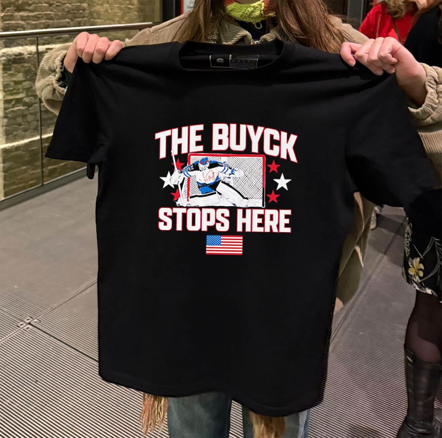The Buyck Stops Here Hockey Goalie USA Flag shirt