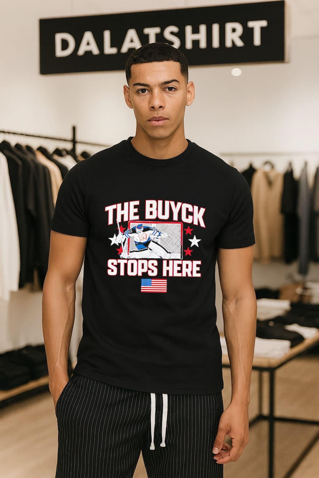 The Buyck Stops Here Hockey Goalie USA Flag shirt