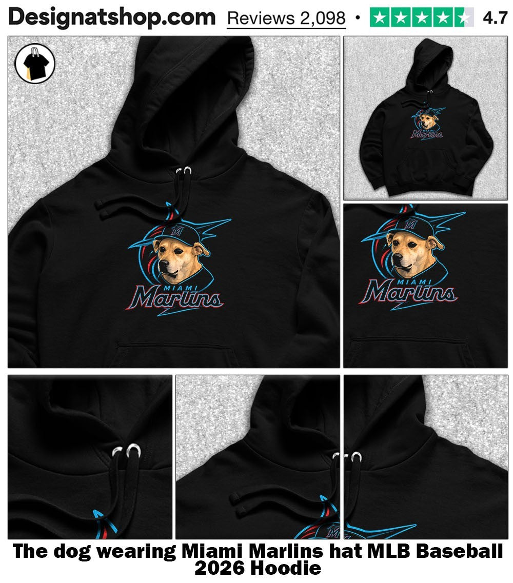 The dog wearing Miami Marlins hat MLB Baseball 2026 shirt
