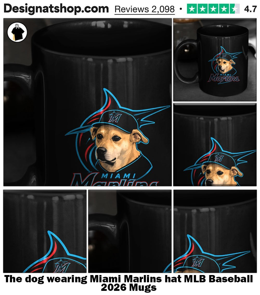 The dog wearing Miami Marlins hat MLB Baseball 2026 shirt