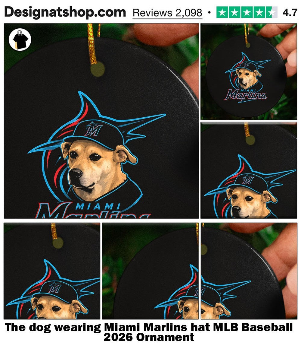 The dog wearing Miami Marlins hat MLB Baseball 2026 shirt
