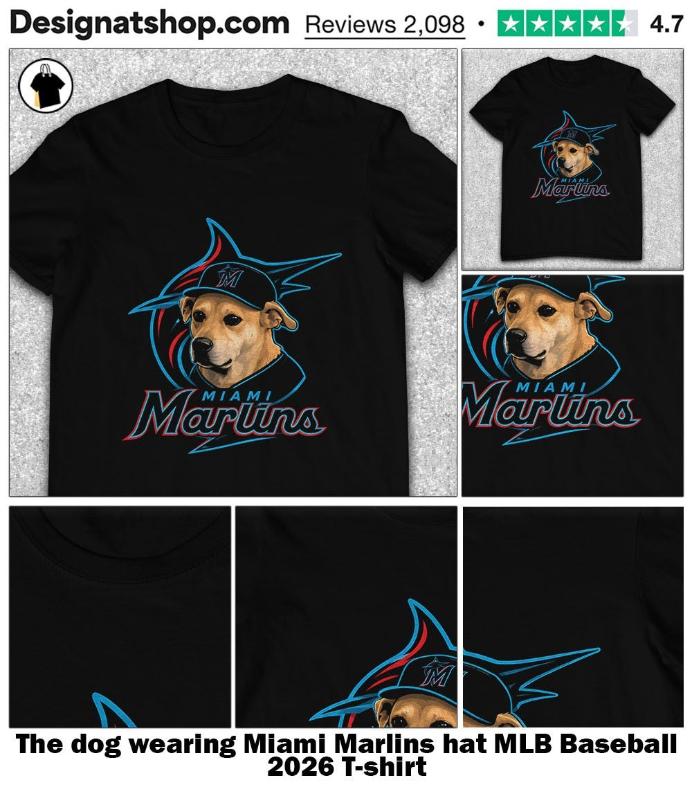 The dog wearing Miami Marlins hat MLB Baseball 2026 shirt
