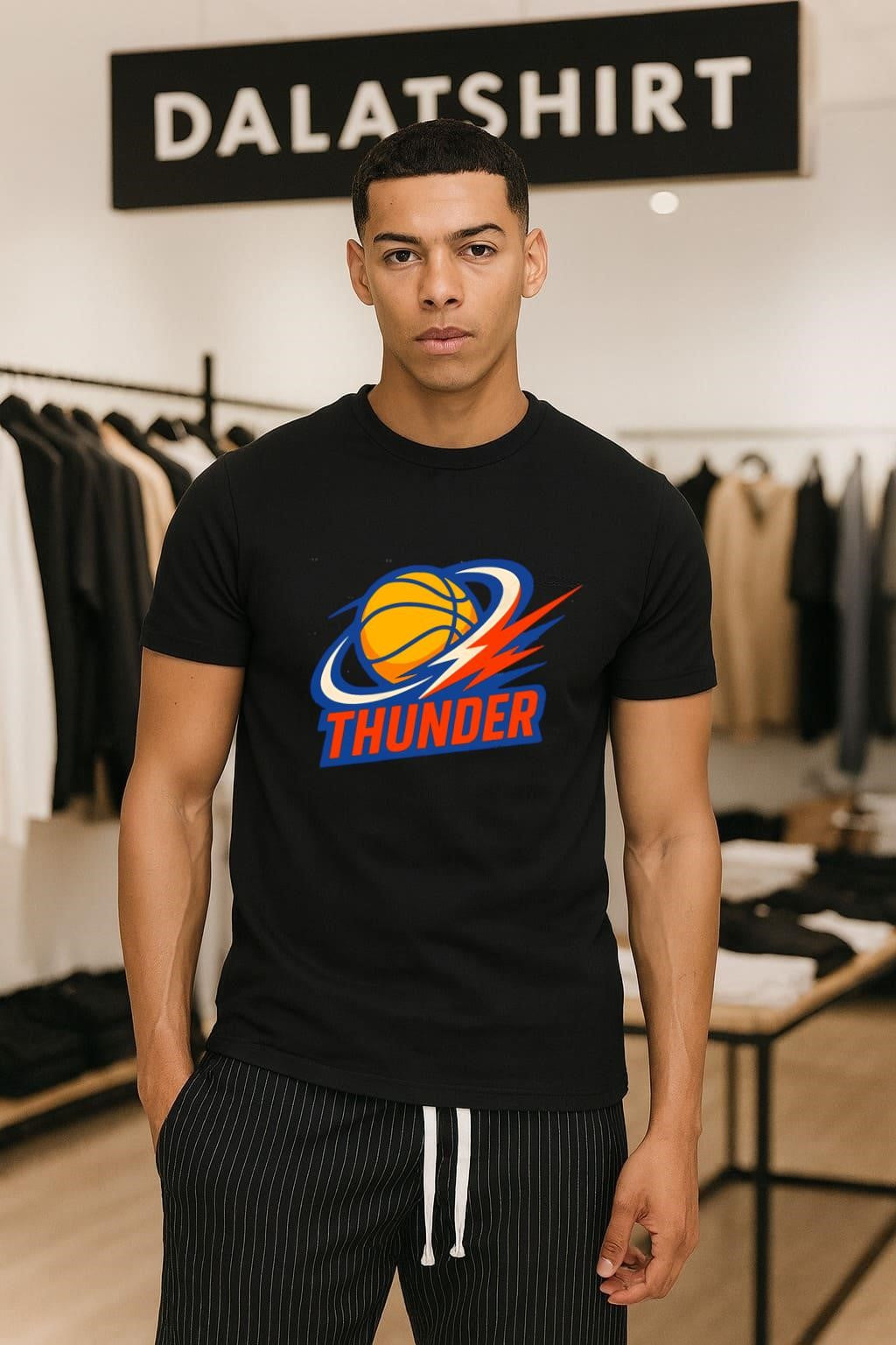 Thunder basketball lightning bolt orange and navy logo shirt