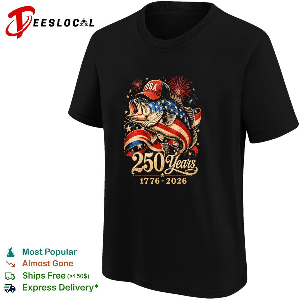 USA 250 Years 1776 2026 Bass Fishing Patriotic Fireworks American Flag shirt