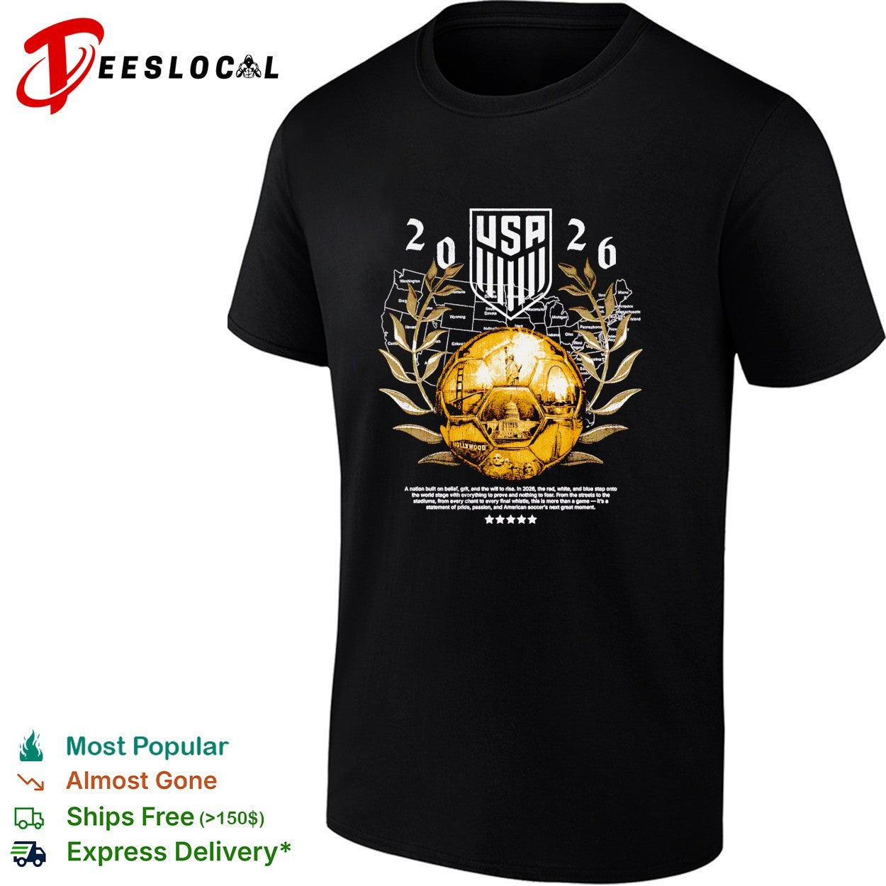 USA soccer 2026 gold emblem shirt