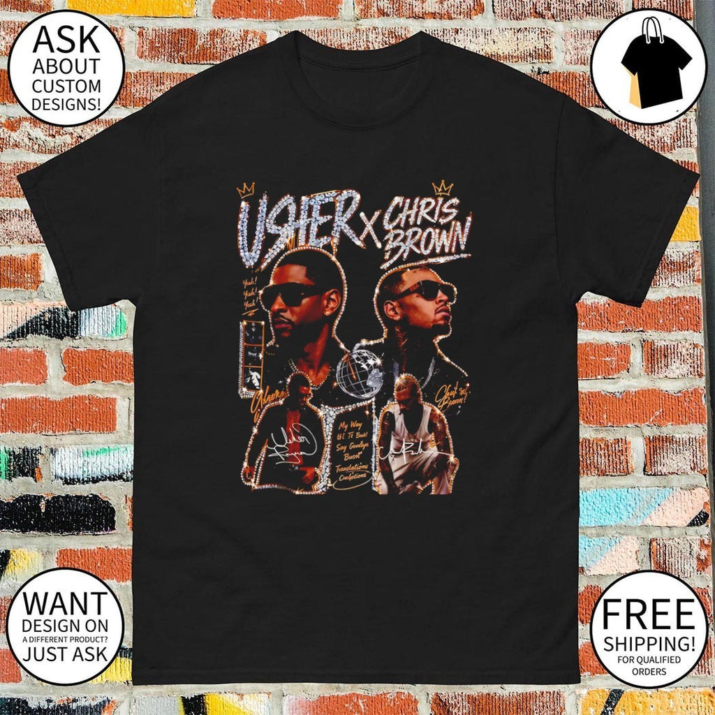 Usher and Chris Brown Rhinestone Portrait Music Artist signatures shirt