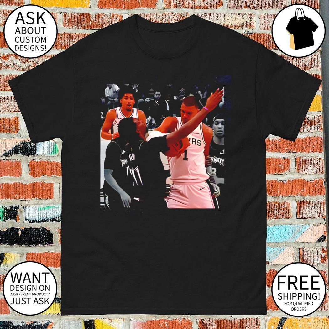 Victor-Wembanyama elbow on Naz-Reid San Antonio Spurs and Minnesota Timberwolves NBA Playoffs photo shirt