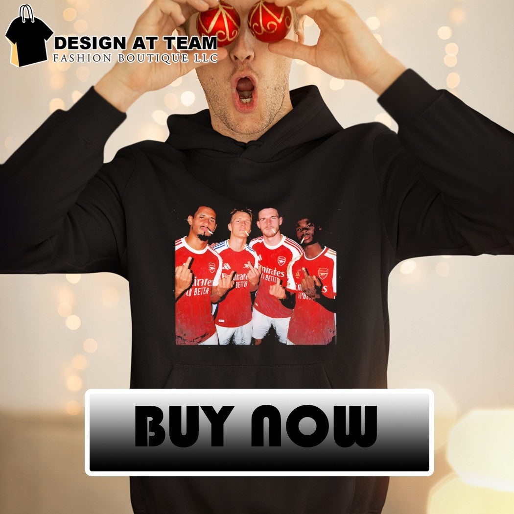 William Saliba Martin Odegaard Declan Rice Bukayo Saka middle finger smoking Arsenal FC 2026 shirt