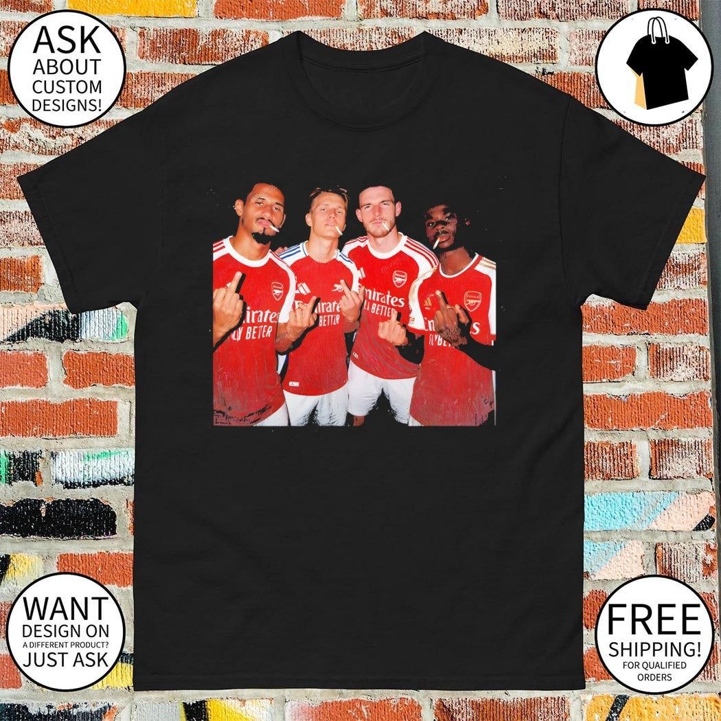William Saliba Martin Odegaard Declan Rice Bukayo Saka middle finger smoking Arsenal FC 2026 shirt