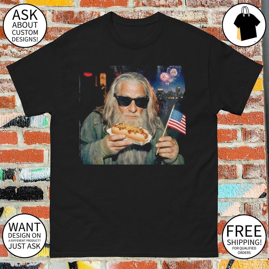 Wizard in sunglasses holds chili dog and American flag on a Patriotic 4th of July shirt