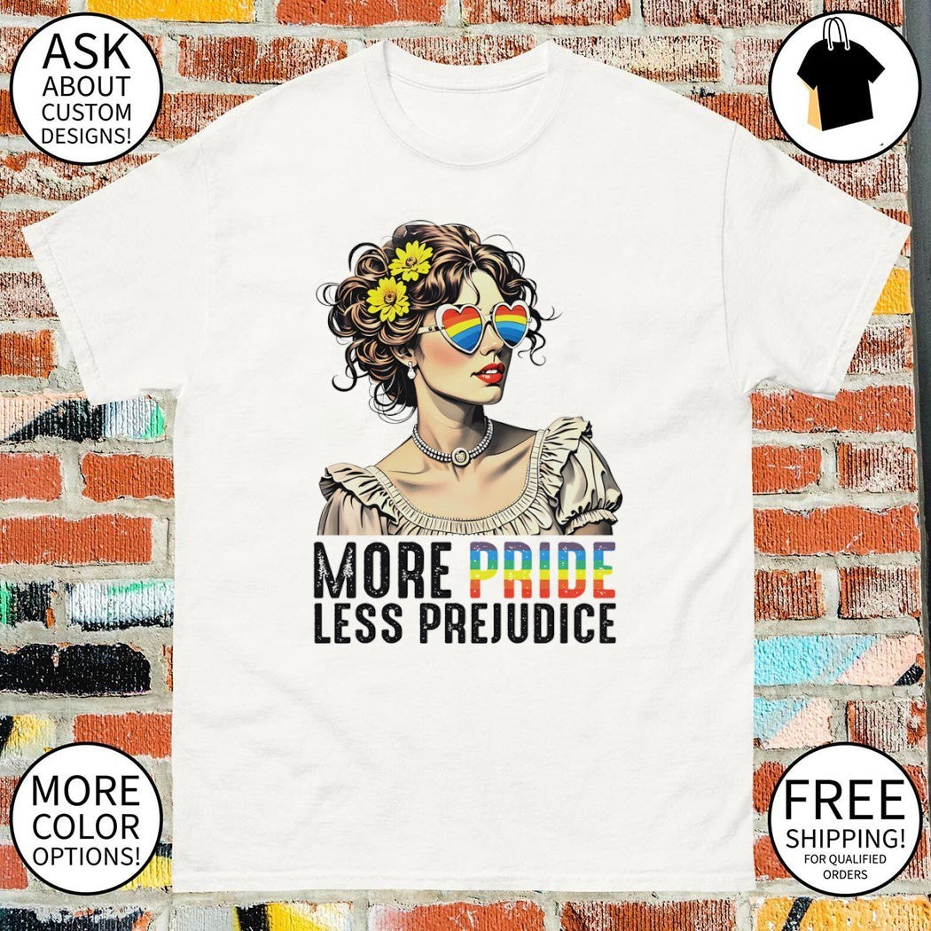 Woman with floral hair and heart glasses more pride less LGBT shirt
