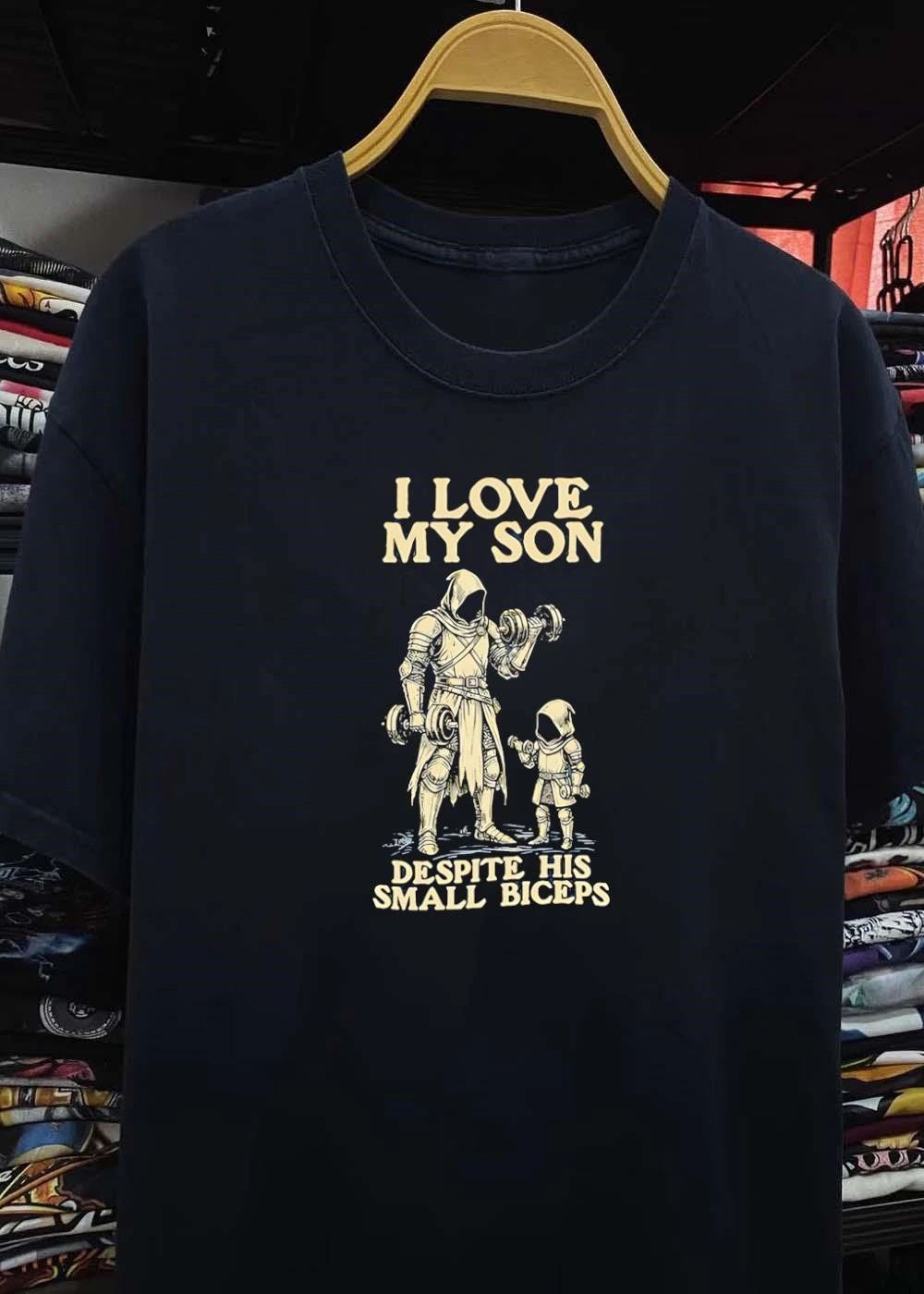 I Love My Son Despite His Small Biceps Hooded Knight Lifting Dumbbells T-Shirt