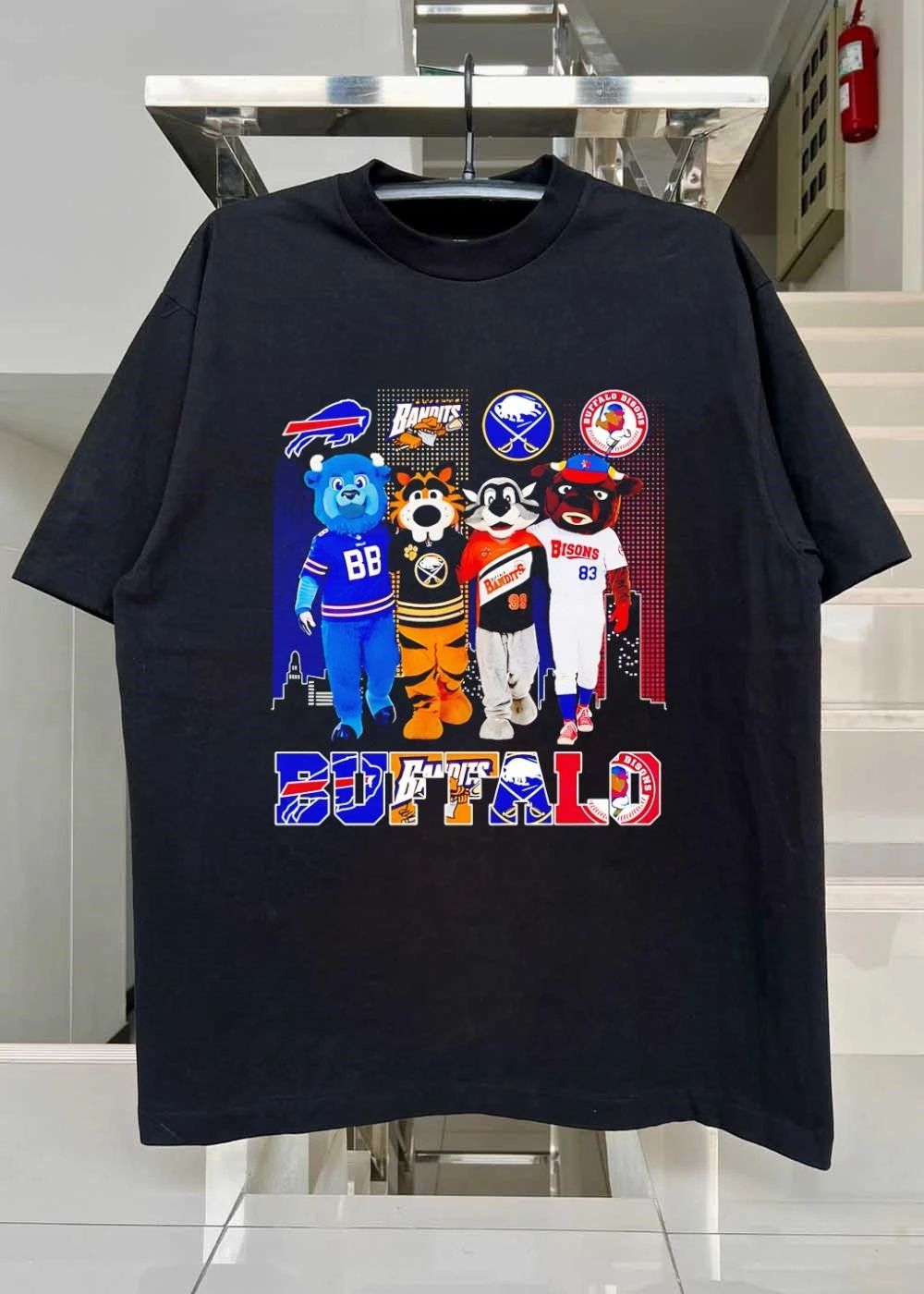 Buffalo Teams Mascots Billy Buffalo Sabretooth Buster Bison City Skyline T-Shirt