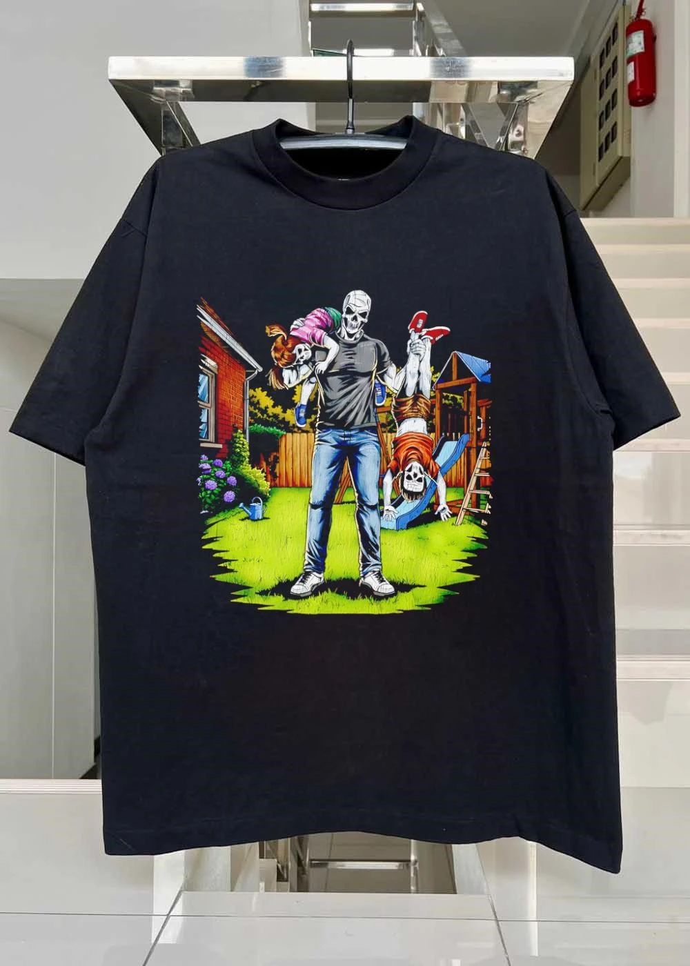 Darkest Dad Skeleton Carrying Children Garden Playtime T-Shirt