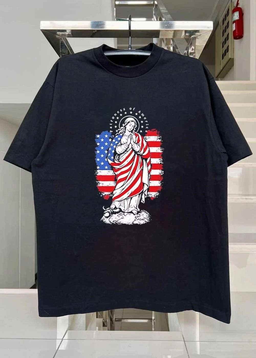Patroness of America Blessed Virgin Mary Praying United States Flag T-Shirt