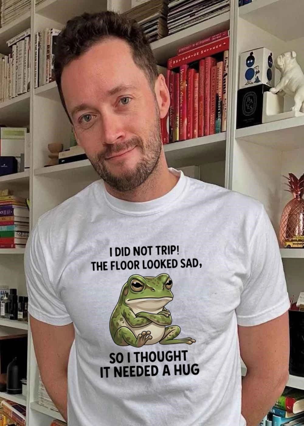 I did not trip the floor looked sad so I thought it needed a hug frog shirt