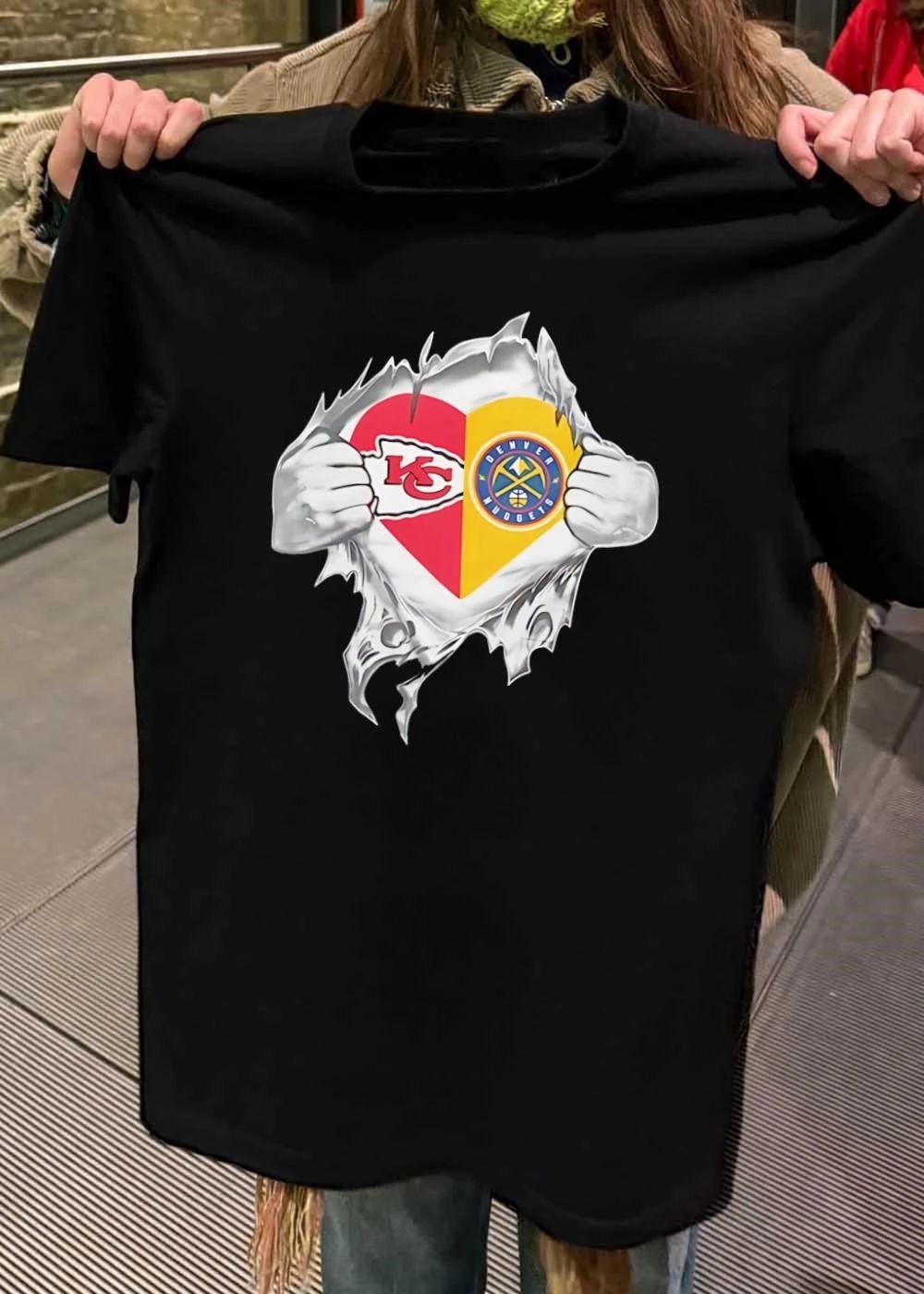 KC Chiefs Denver Nuggets Heart Ripped Chest T-Shirt