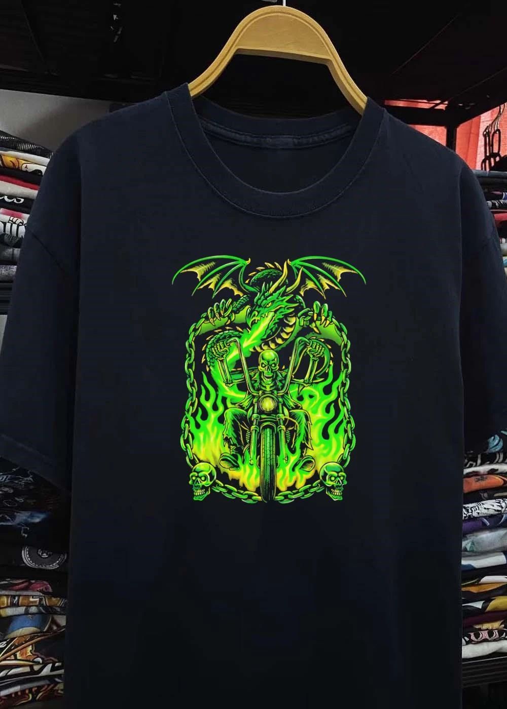 Green Dragon Skeleton Chopper Flames Shirt
