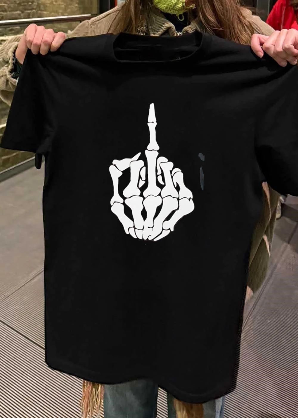 Skeleton Hand Rude Gesture Illustration White on Black T-Shirt