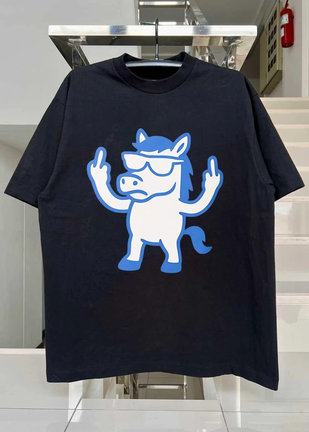 Edgy Horse Giving the Middle Finger Blue and White Graphic shirt