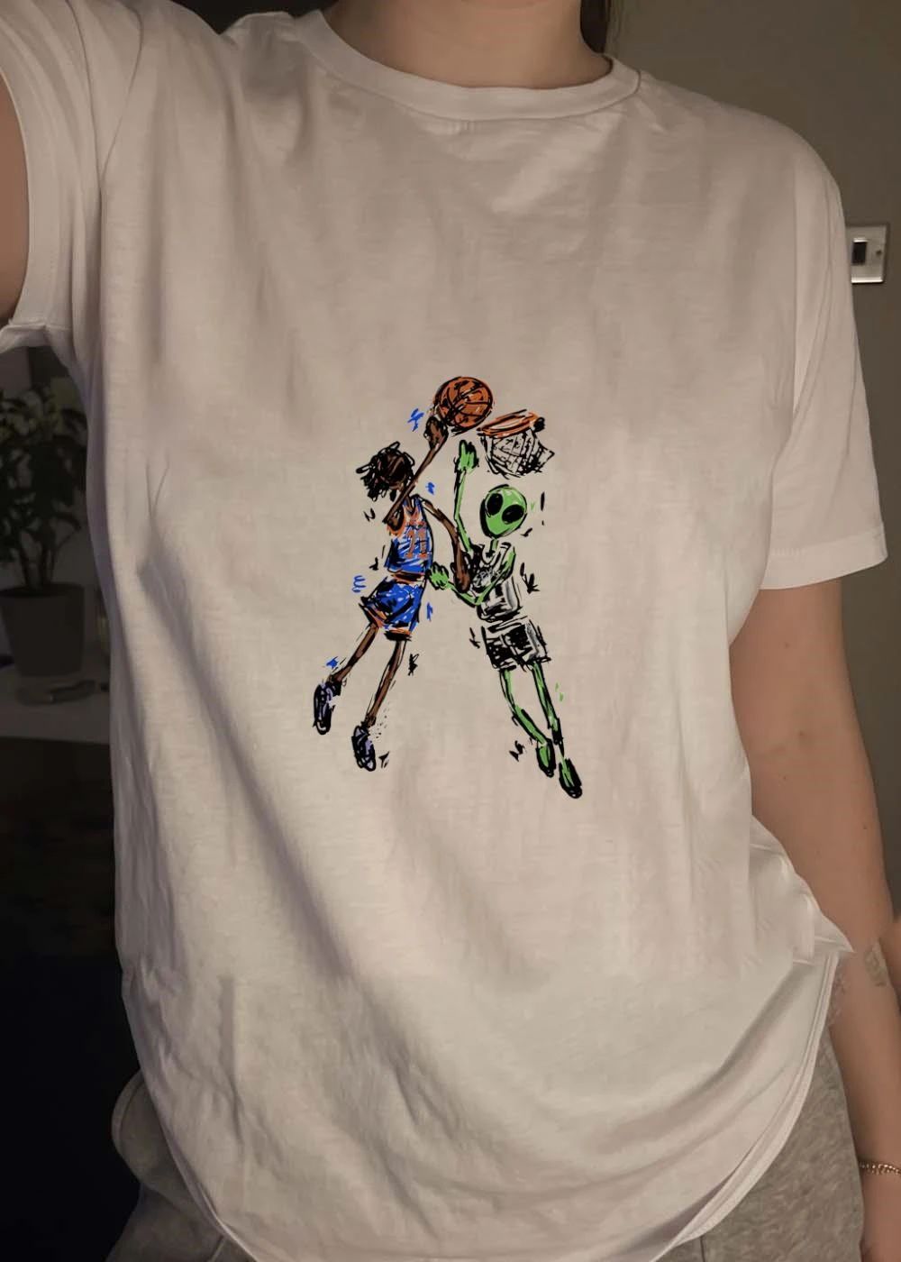 NBA Sketch Art Player Dunking on Alien Basketball T-Shirt