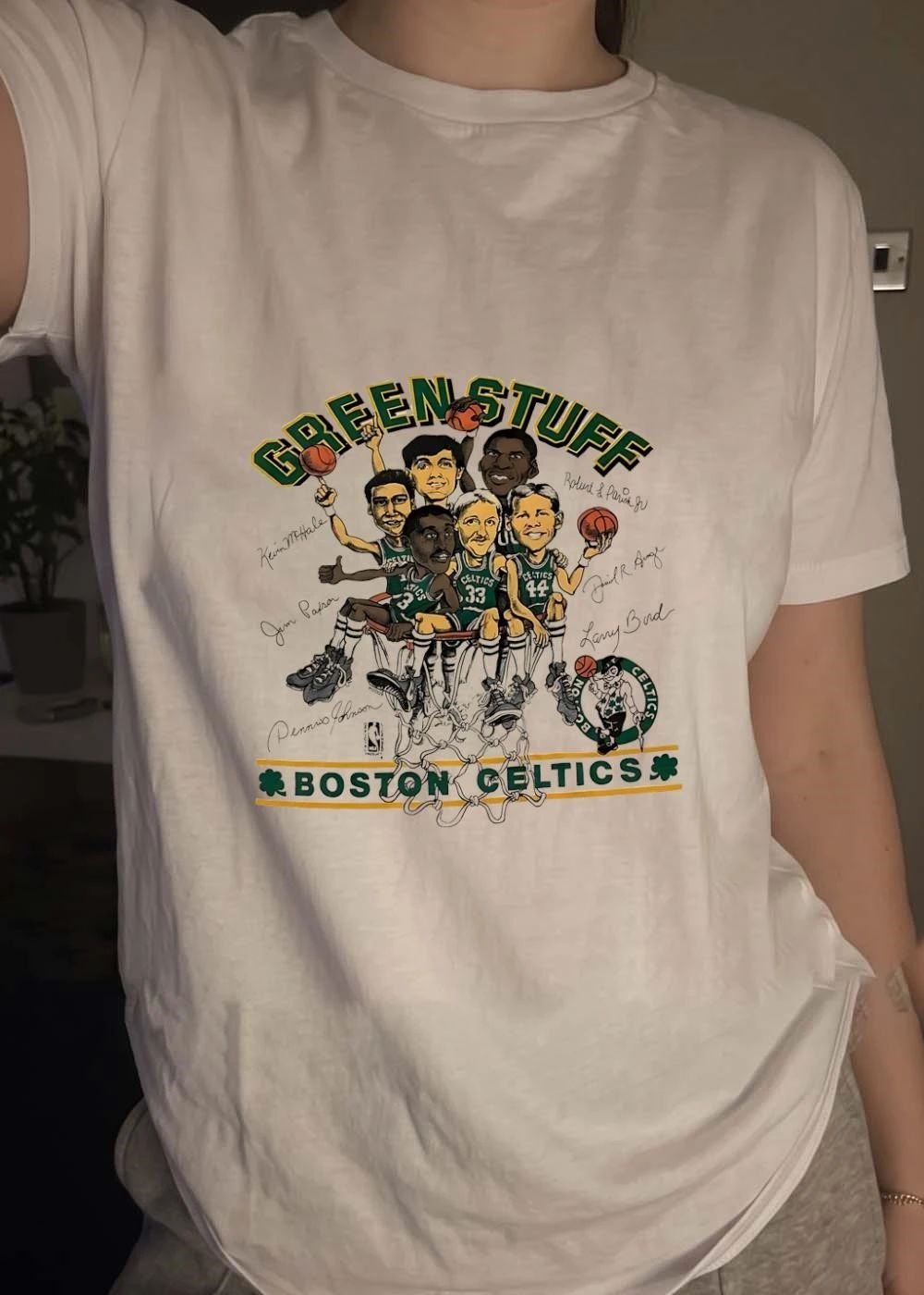 Robert Parish Kevin McHale Jim Paxson Dennis Johnson Larry Bird Danny Ainge Green Stuff Boston Celtics T-Shirt