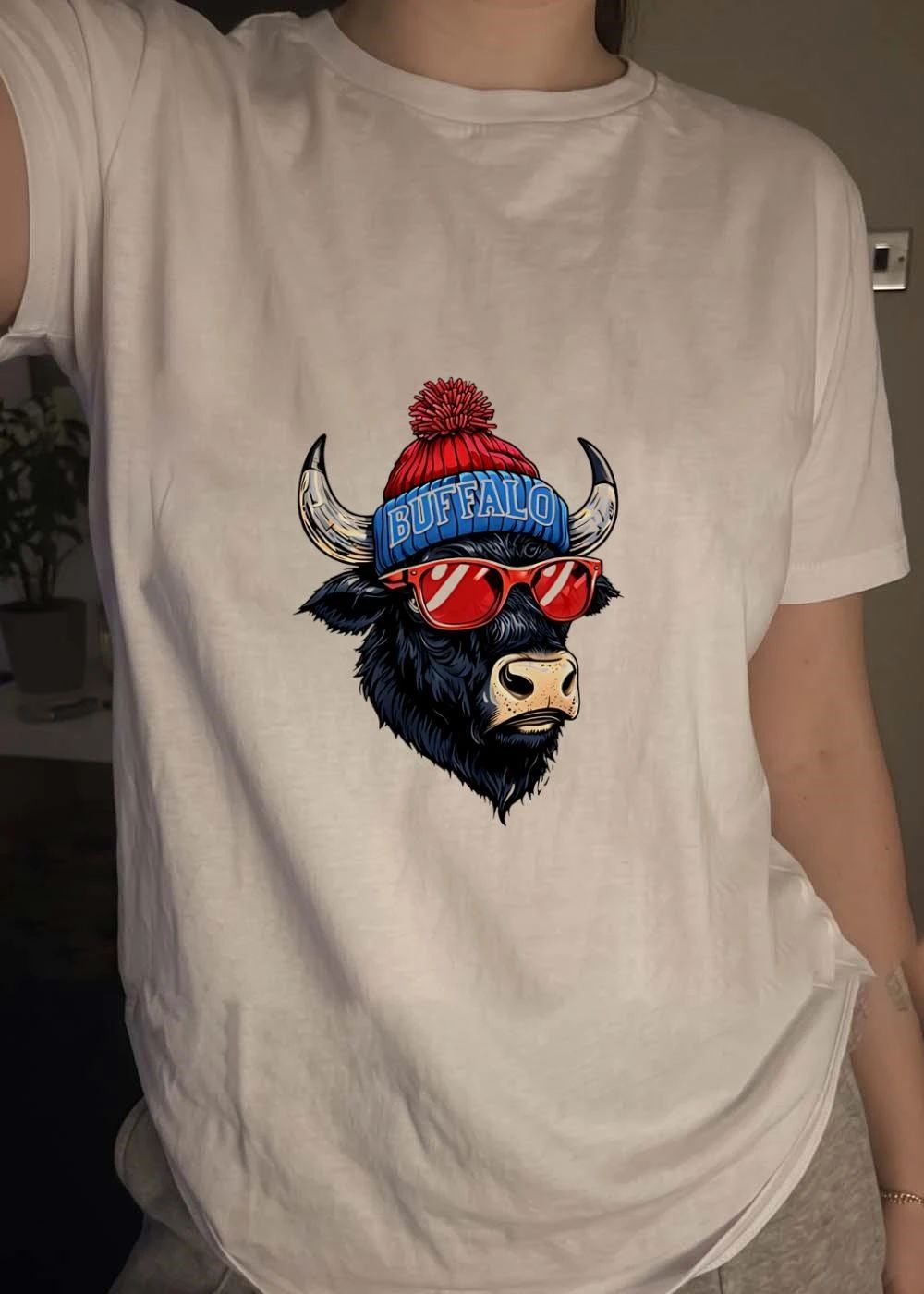 Cool Buffalo Apparel Wearing Red Sunglasses Winter Beanie Buffalo T-Shirt