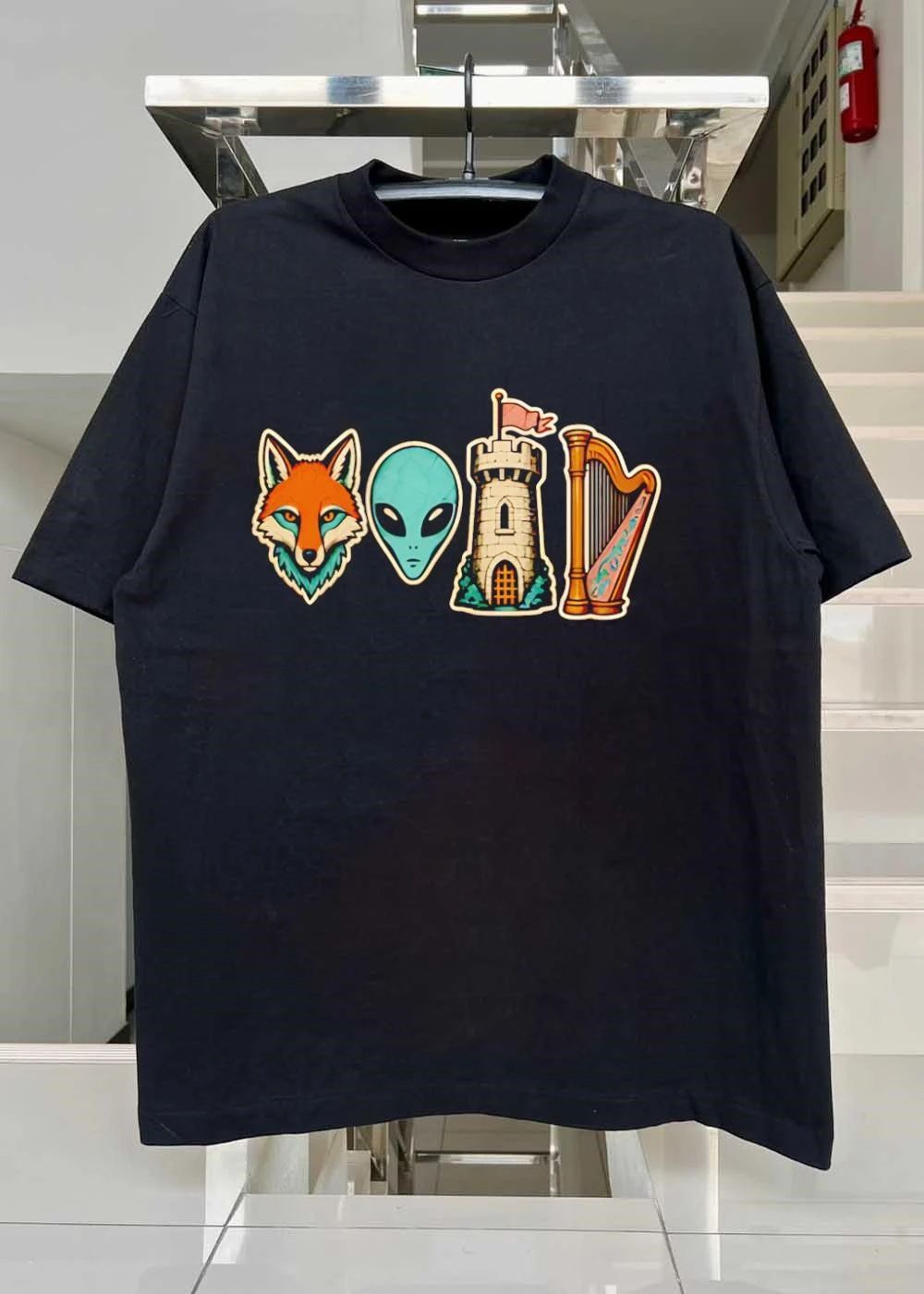 Fox Alien Tower Harp Representing Void T-Shirt