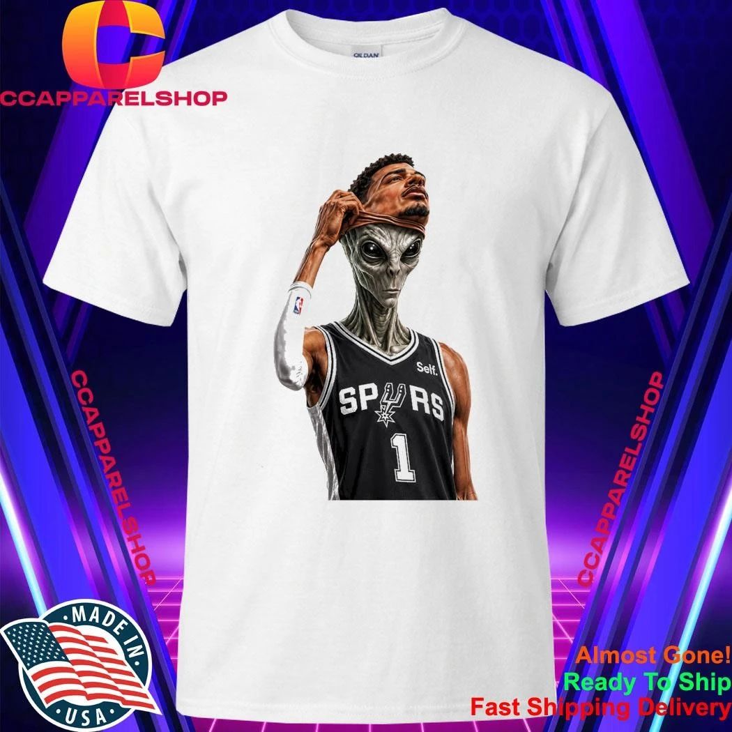 Wembanyama Face Reveal Spurs Alien Takeover Shirt