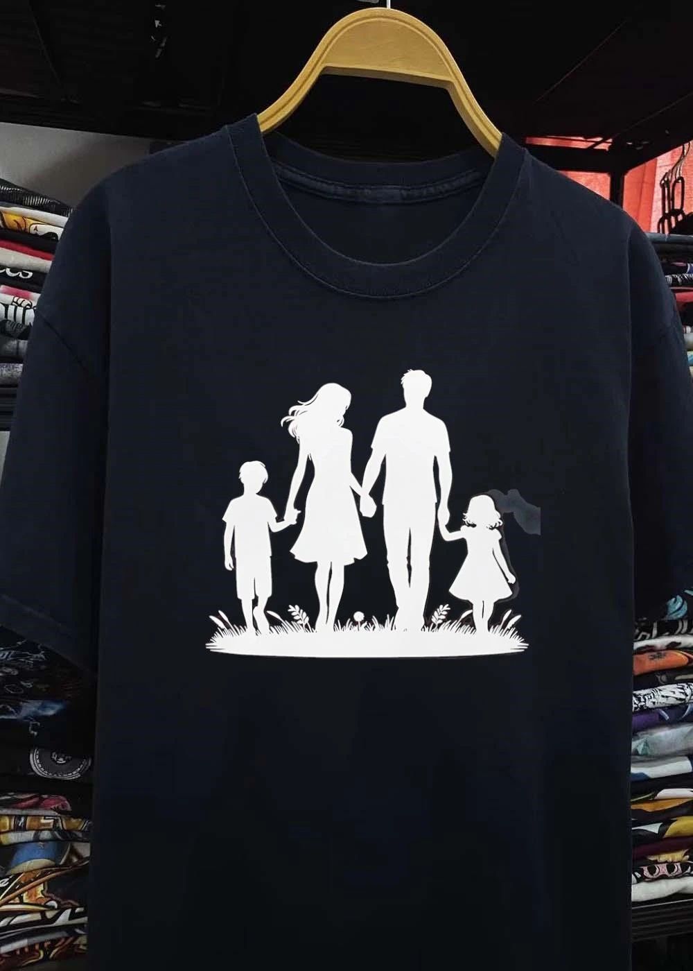 Family Silhouette Walking Through Grass Mother Father Son Daughter T-Shirt