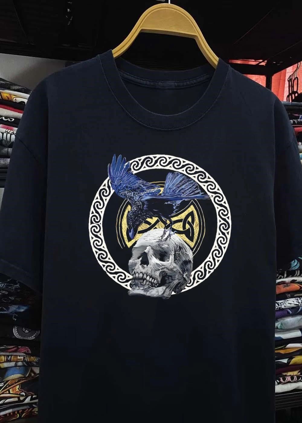 Raven Perched on Skull Celtic Knot Design shirt