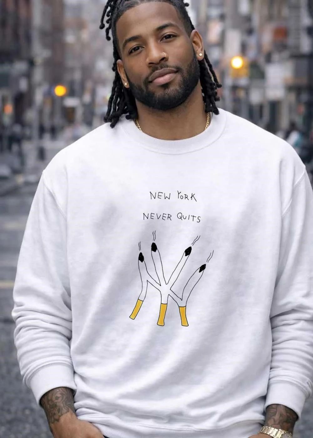 New York Never Quits Cigarettes Smoking White Graphic T-Shirt