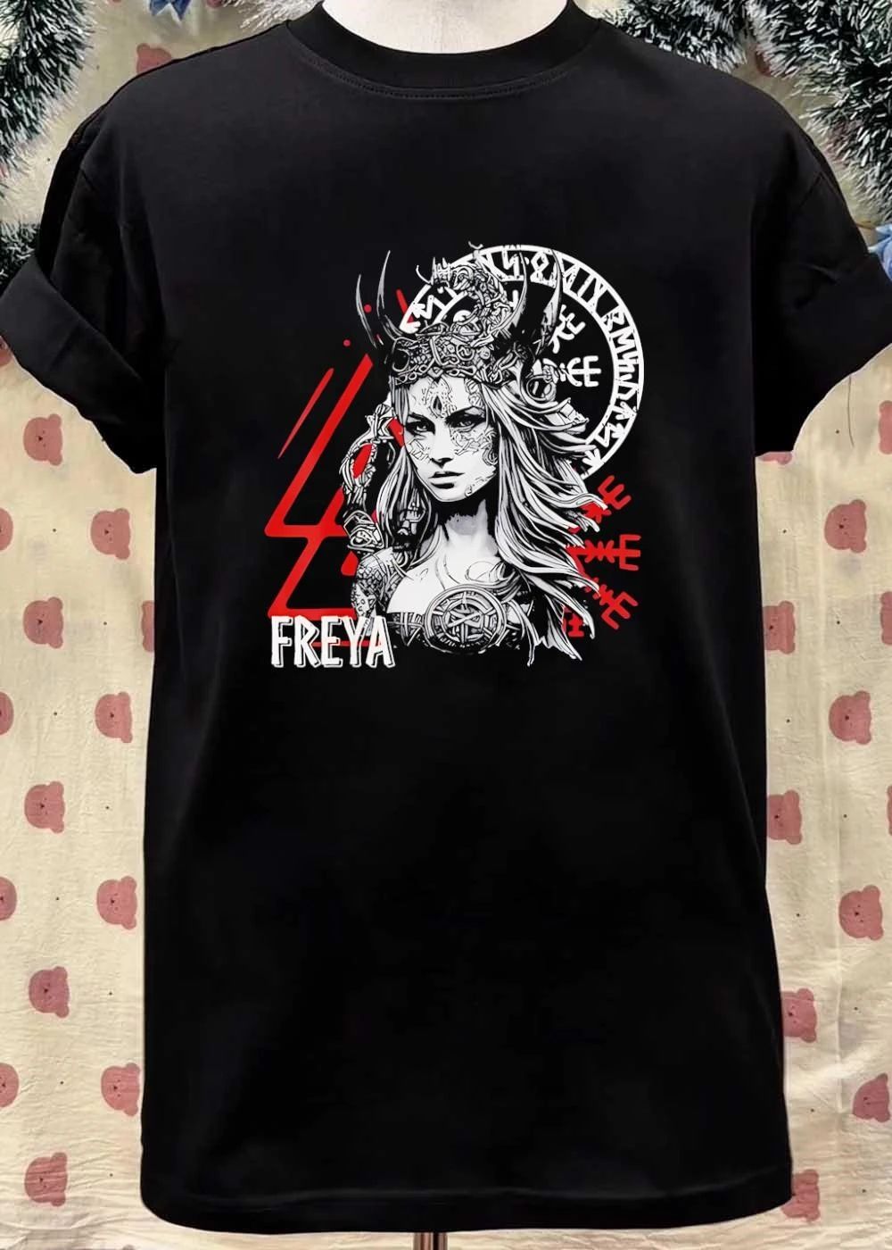 Viking Warrior Goddess Freya Norse Mythology Runes Symbol Black T-Shirt